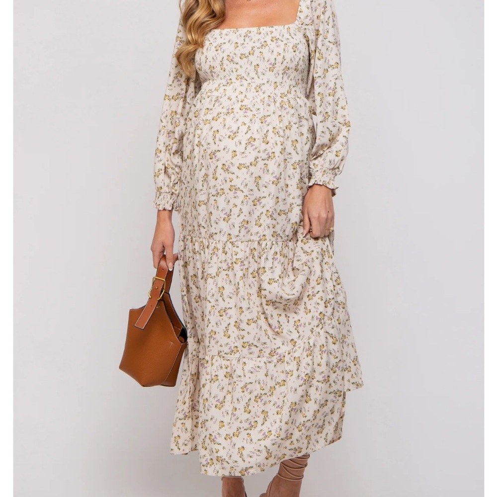 Cream Floral Smocked Long Sleeve Maternity Maxi Dress size Small